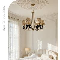 American Retro Iron Art Chandelier with Polka Dot Shade and Bowknot Decor for Living Room, Dining Room, Bedroom