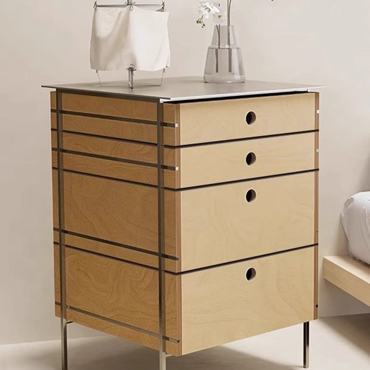 Birch Wood Chest of Drawers Simple Ocean Board Sideboard Four-Drawer Storage Cabinet Multi-layer Solid Wood Floor-standing Stainless Steel Bar Cabinet