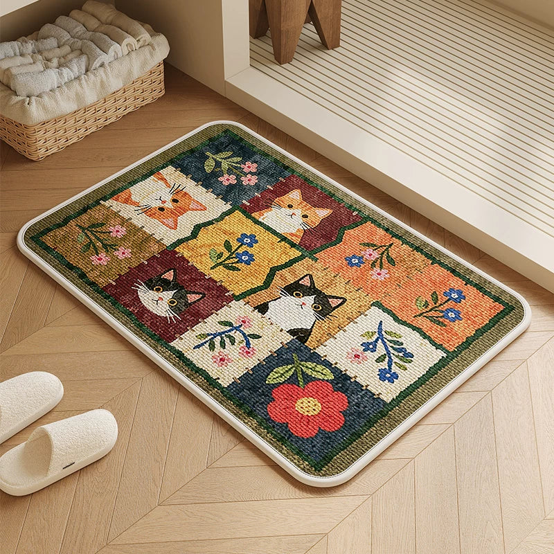 Cartoon Retro Linen Weave Absorbent Non-Slip Bathroom Mat