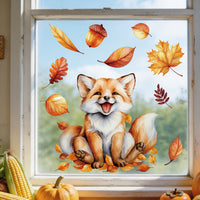 Autumn Cartoon Animal Static Cling Window Decals - Maple Leaf, Rabbit, Fox, Squirrel Glass Stickers for Thanksgiving Decor