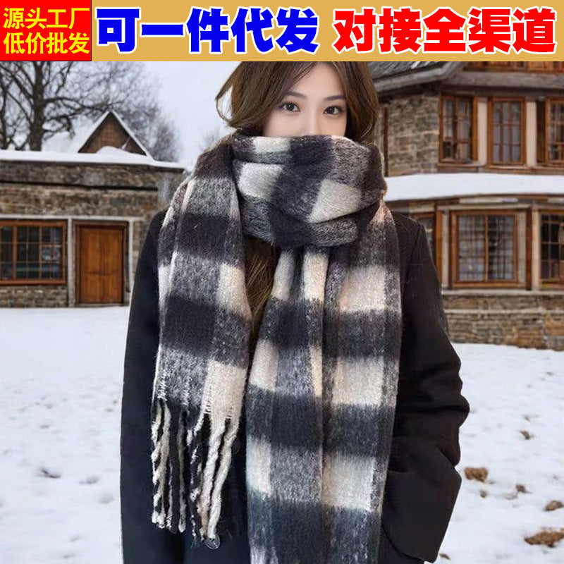 Women's Faux Cashmere Scarf with Tassels, Thickened Warm Winter Neck Wrap, Mid-Length Versatile Shawl