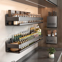 Wall-Mounted Kitchen Spice Rack Organizer with Hooks, Punch-Free Installation