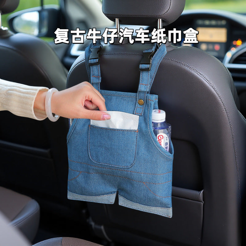 Car Seat Back Denim Tissue Box Holder with Retro Styling
