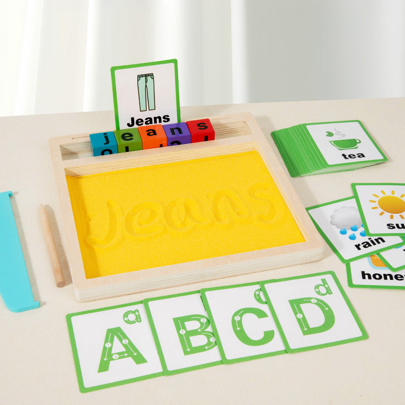 Kids Montessori Wooden Alphabet Spelling Sand Tray Toy with Double-Sided Cards
