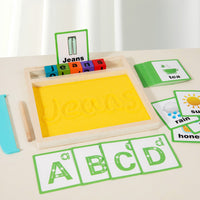 Kids Montessori Wooden Alphabet Spelling Sand Tray Toy with Double-Sided Cards