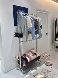 Mid-Century Modern Stainless Steel Garment Rack with Storage Cabinet