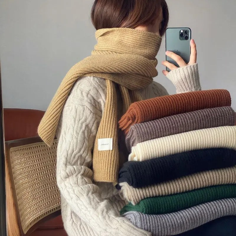 Solid Color Knitted Scarf for Women, Korean Style Round Neck Warm Woolen Neck Warmer