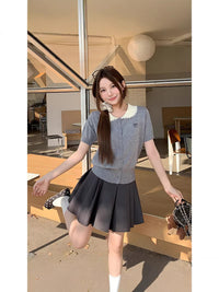 Korean Style Lace Patchwork Peter Pan Collar Short Sleeve Knit Cardigan for Women