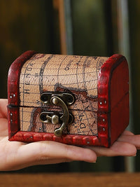 Miniature Vintage Map Wooden Treasure Chest with Lock for Jewelry and Collectibles