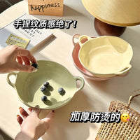 Irregular Ceramic Bowl with Double Handles for Salad, Dessert, Yogurt, and Noodles