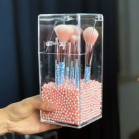 Acrylic Makeup Brush Holder with Lid and Pearl Fillers, Dustproof Cosmetic Organizer for Vanity