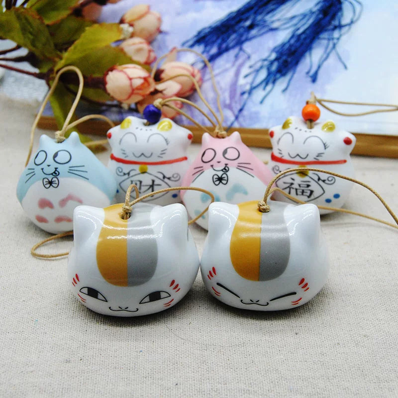 Ceramic Lucky Cat Bell Charm for Bags and Car Decor, Handmade Animal Pendant with Wooden Fish Bell, Student Gift