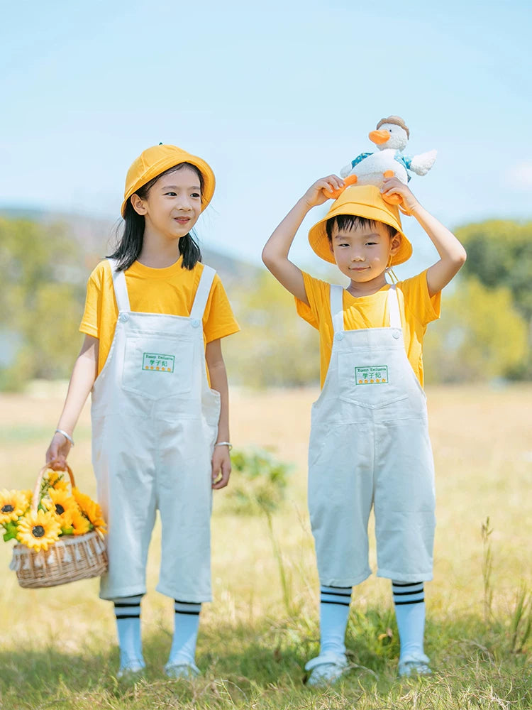 Kids' White Overalls & Yellow T-Shirt Set with Hat & Socks for Performances & Photoshoots