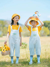 Kids' White Overalls & Yellow T-Shirt Set with Hat & Socks for Performances & Photoshoots
