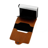 Men's RFID Blocking Dual Aluminum Box Wallet with Automatic Pop-up Card Holder and Buckle Closure