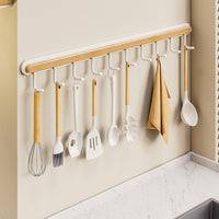 Wall-Mounted Wooden Kitchen Utensil Rack with Hooks, No-Drill Installation, Waterproof & Rustproof