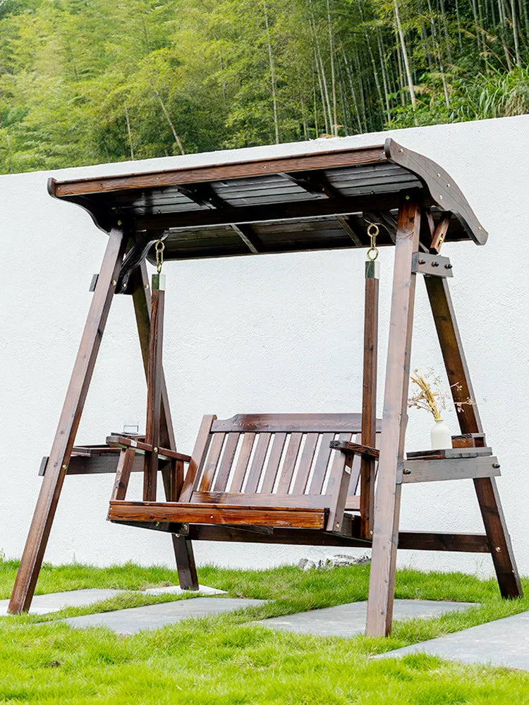 Outdoor Solid Wood Swing Chair with Canopy for Patio Garden