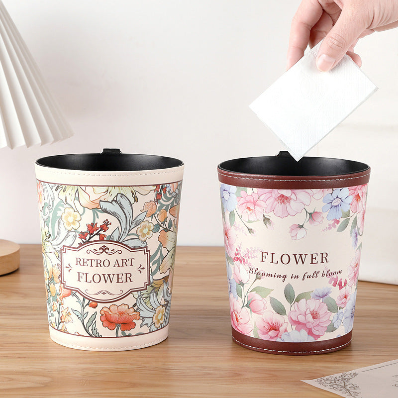 Car Trash Can with Lid, Multi-purpose Vehicle Storage Bin, Retro Oil Painting Style Hanging or Desktop Organizer