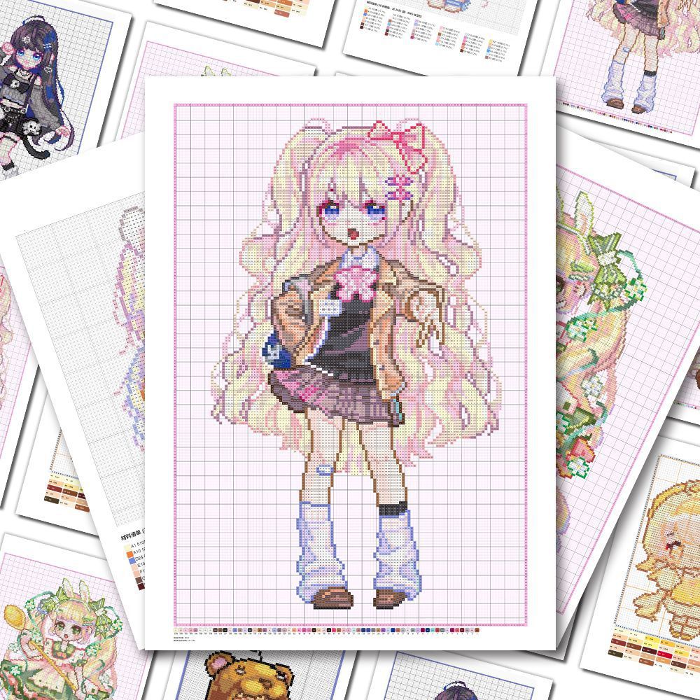 Perler Bead Pattern Stickers for Girls, Cute Cartoon Pixel Art Designs, 18 Sheets