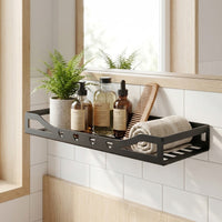 Black Carbon Steel Wall-Mounted Shelf for Bathroom and Kitchen, No-Drill Storage Rack