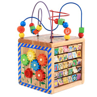 Wooden Activity Cube for Toddlers 1-3 Years Old, Multifunctional Bead Maze Toy with Shape Sorter and Gears