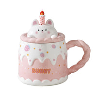 Cute Ceramic Mug with Lid, Spoon, and Straw - 400ml Cake Cup Design, Ideal Birthday Gift for Couples