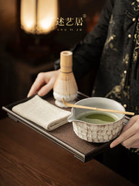 Shuyi Ju Handmade Carved Ceramic Matcha Bowl with Spout and Whisk Set