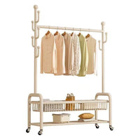 Freestanding Double Rod Garment Rack with Storage Basket