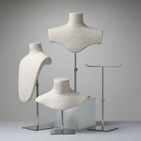 Premium Bamboo Linen Jewelry Display Stand with Antique Wood Base for Necklaces and Scarves
