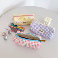 Cream Plaid Bowknot Pencil Case Portable Stationery Storage Bag for Students