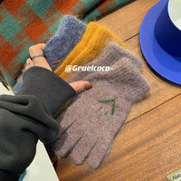 Embroidered Smiley Face Rabbit Hair Gloves for Women, Thickened Warm Winter Cycling Windproof