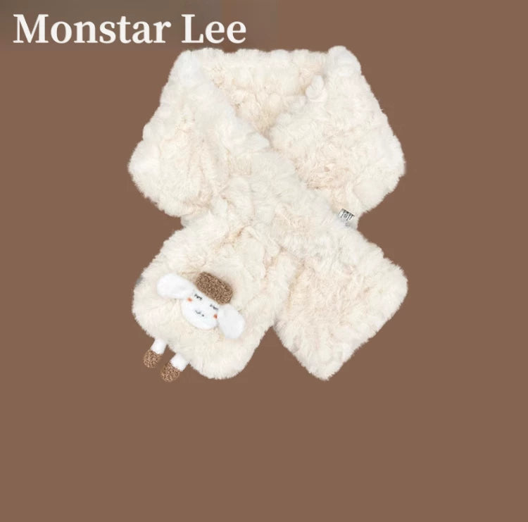 Monstar Lee Japanese Style Cartoon Lamb Plush Cross Scarf for Women, Winter Warm Neck Warmer