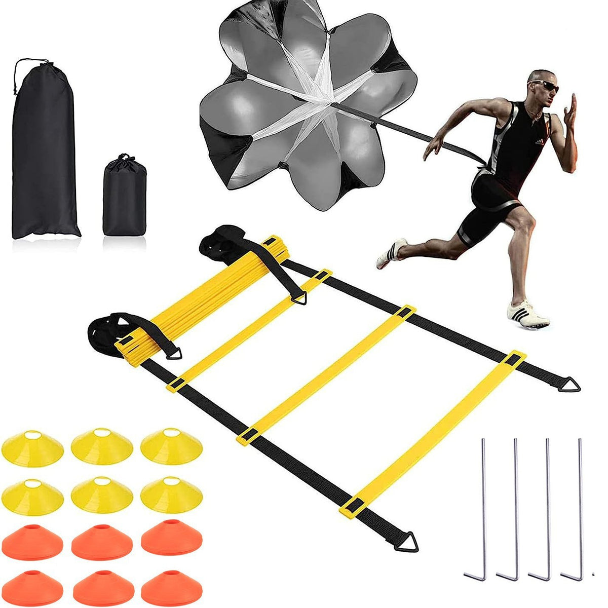 Football Agility Training Set with Ladder, Cones, Hurdles, and Resistance Parachute for Speed & Fitness