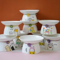 Ceramic Elevated Pet Bowl for Cats and Small Dogs, Wide Mouth Food and Water Dish, Neck Protection Design