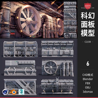 Sci-Fi Industrial Pipe Wall Panel 3D Model Kit (C4D, FBX, OBJ)