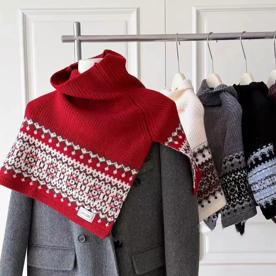 French Style Fair Isle High Neck Knitted Poncho Scarf for Women, Thickened Retro Outerwear
