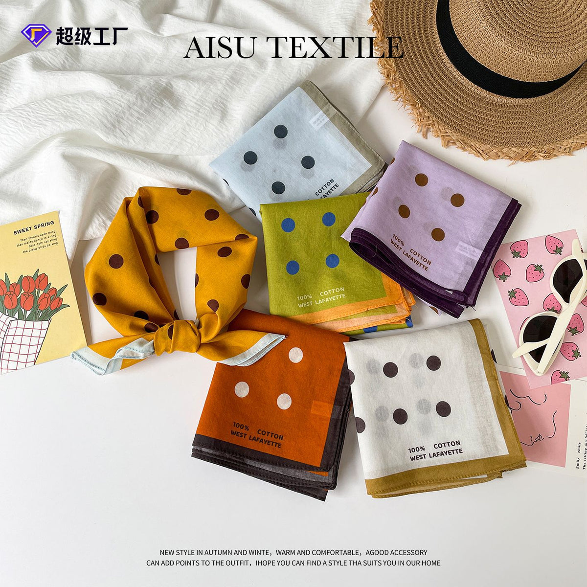 Polka Dot Cotton Square Scarf for Women, Vintage Korean Style Breathable Neck Head Scarf
