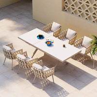 Outdoor Rattan Dining Table and Chairs Set with Rock Slab Top for Patio Garden Cafe