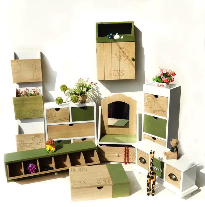 Rustic Wooden Desktop Organizer with Drawers and Compartments for Jewelry, Keys, and Mail