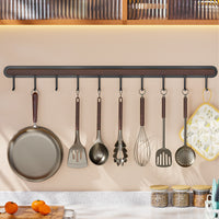 Wall-Mounted Wooden Kitchen Utensil Rack with Hooks, No-Drill Installation, Waterproof & Rustproof