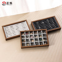 Walnut Wood Velvet Jewelry Display Tray for Rings Necklaces Earrings Bracelets, Large Capacity Organizer for Store Counter