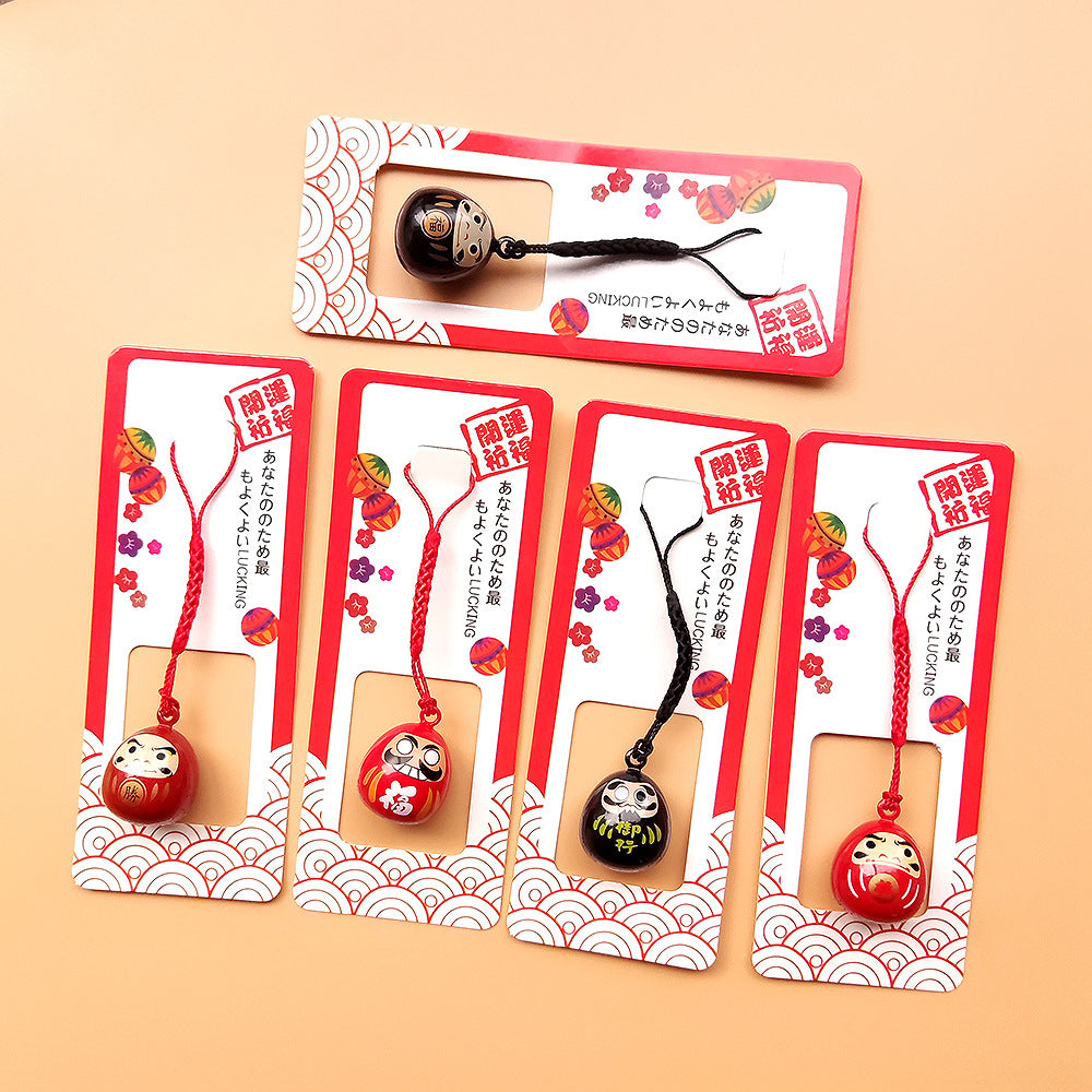 Japanese Daruma Amulet Bell Charm Set with Lucky Cat and Water Koto Sound