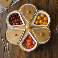 Ceramic Heart/Flower Divided Serving Platter with Lid and Bamboo Rotating Tray for Afternoon Tea Snacks