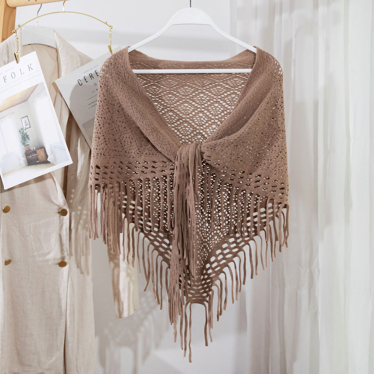 Fashion Knitted Tassel Shawl Scarf for Women, Solid Color Korean Style Triangle Wrap