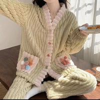 Women's Rainbow Cardigan Two-Piece Coral Fleece Pajama Set Thickened Warm Loungewear