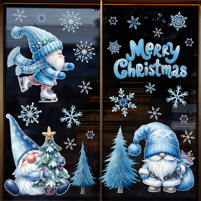 Christmas Window Clings Blue Glitter Snowman Tree Holiday Party Static Decals