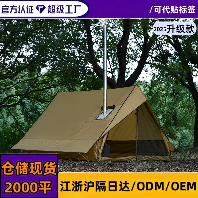 Camping Tent with Chimney Port, Waterproof, Windproof, Mesh Door, Groundsheet, Aluminum Poles