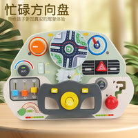 Montessori Steering Wheel Busy Board with LED Lights for Toddlers, Educational Wooden Toy
