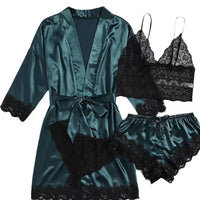 Women's Lace Pajama Set with Robe and Shorts, 4-Piece Sleepwear Loungewear