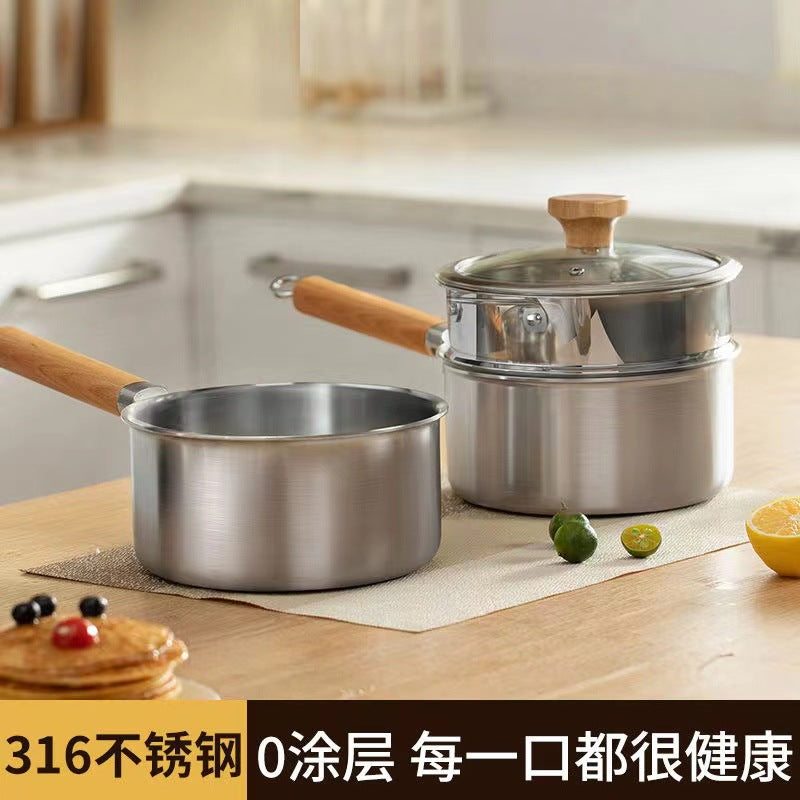 316 Stainless Steel Baby Food Supplement Pot with Lid, Non-Coated Milk Pot for Home Use, Steaming and Cooking Noodle Pot